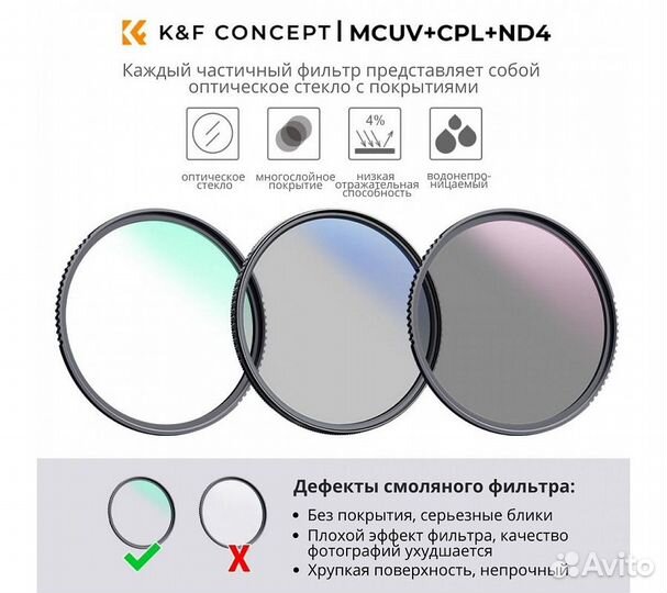 Набор из 3 фильтров K&F Concept (mcuv/CPL/ND4) + F