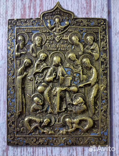 Икона старинная меднолитая Спас на троне(Седмица)