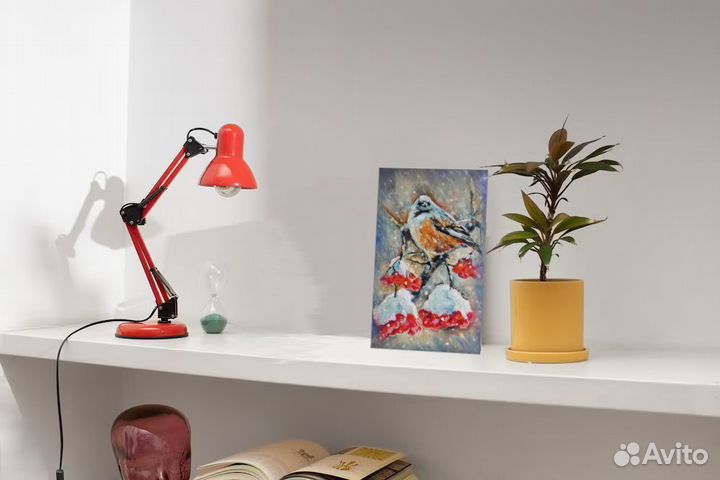 Картина маслом Зима Птичка на ветке рябины