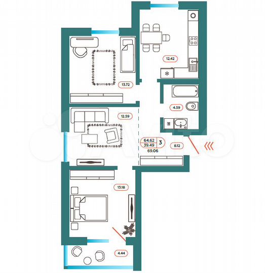 3-к. квартира, 69,1 м², 9/9 эт.