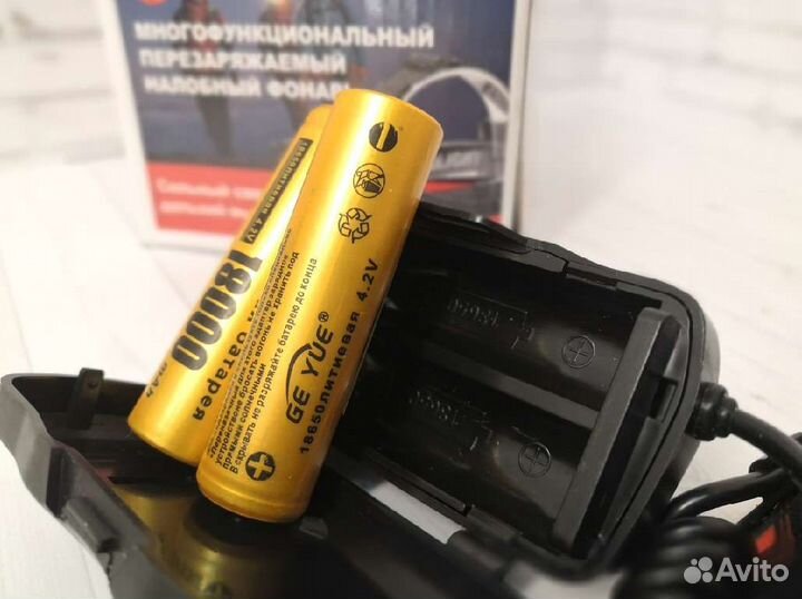 Налобный фонарь, очень мощный, 2 * 18650