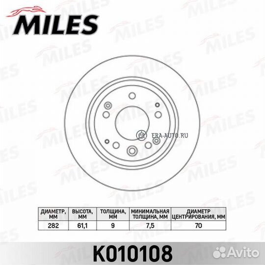 Miles K010108 Диск тормозной задний D282мм. honda