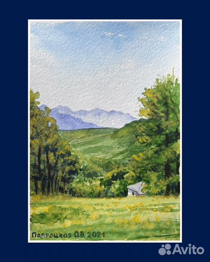 Картина пейзаж акварелью домик в горах