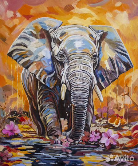 Картина маслом Слон, животные в интерьер