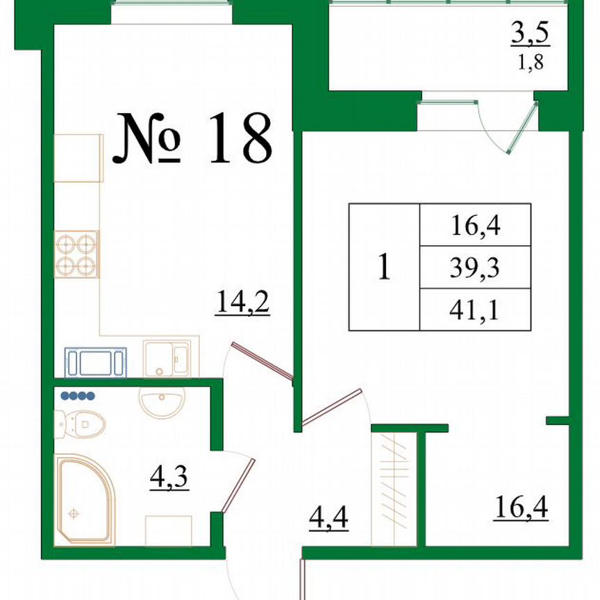 1-к. квартира, 41,1 м², 3/8 эт.