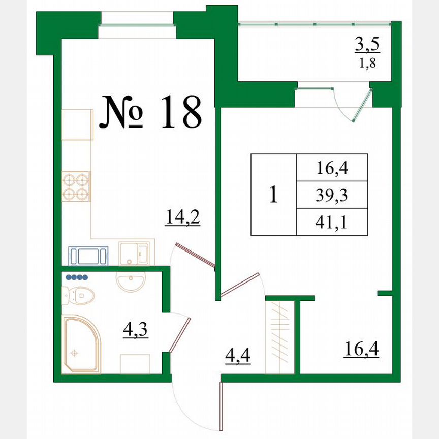 1-к. квартира, 41,1 м², 3/8 эт.