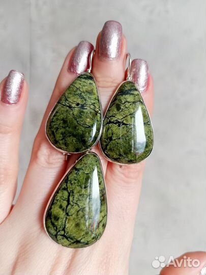 Серьги + Кольцо Змеевик (Средний Урал) Комплект