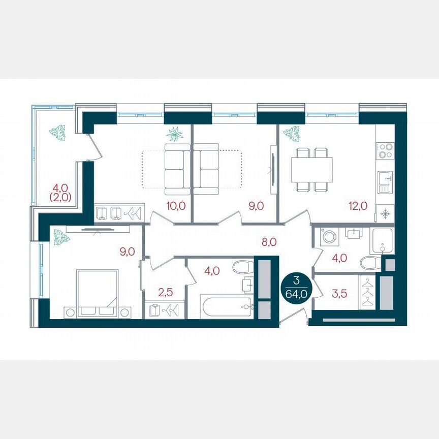3-к. квартира, 64 м², 13/32 эт.