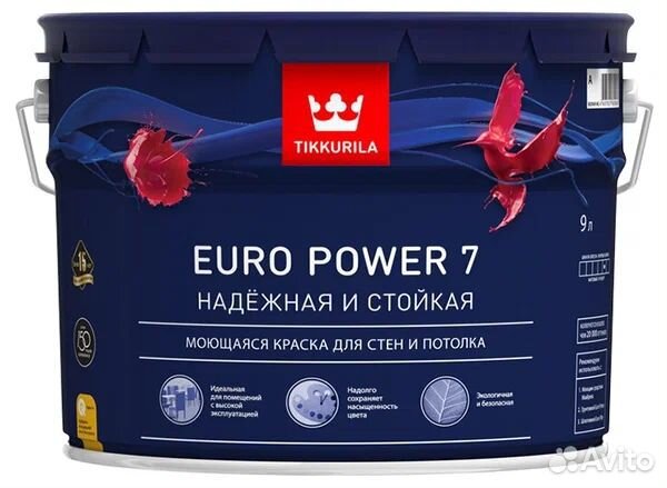 Краска моющаяся Tikkurila Euro Power 7 база А 9 л