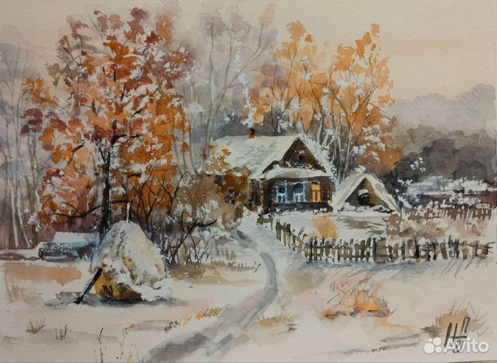 Акварельный пейзаж. Зима. Деревня. 18х24 см