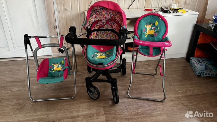 Комплект для куклы. Коляска, стульчик, качели