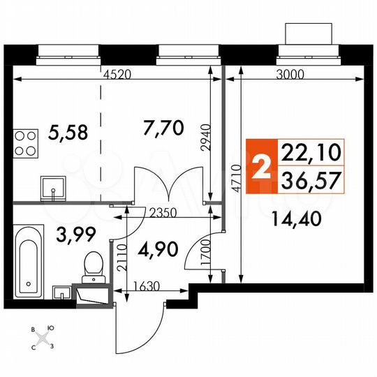 2-к. апартаменты, 36,6 м², 1/15 эт.