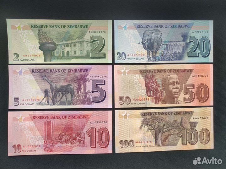 2 5 10 20 50 100 долларов Зимбабве набор новые UNC