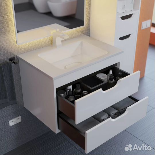 Тумба под раковину для ванной 65 см, подвесная, матовая, белая/графит