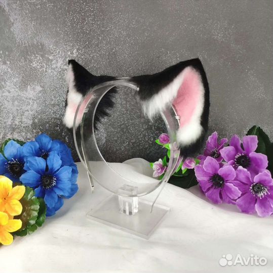 Чёрные чёрно-белые кошачьи ушки на ободке