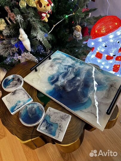 Поднос с подстаканниками из смолы «Море»