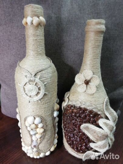 Декоративные бутылки из джута и стекла