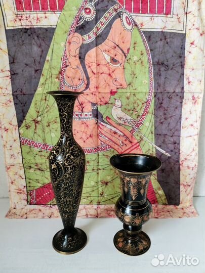 Ваза латунь Индия. Батик панно Индия. Винтаж