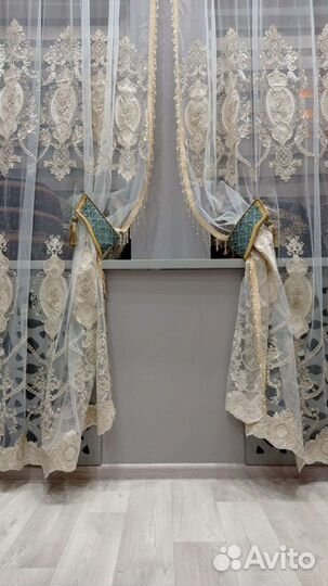 Ламбрекен.Тюль двойная стеклярус/бахрома