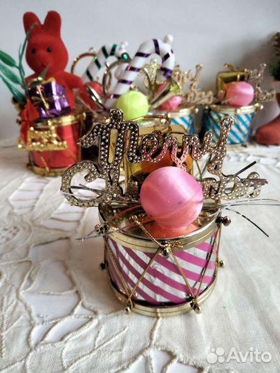 Ёлочные игрушки Дед Мороз, заяц, барабан