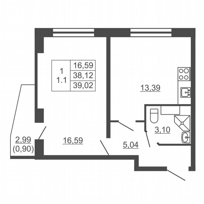 1-к. квартира, 39 м², 11/16 эт.