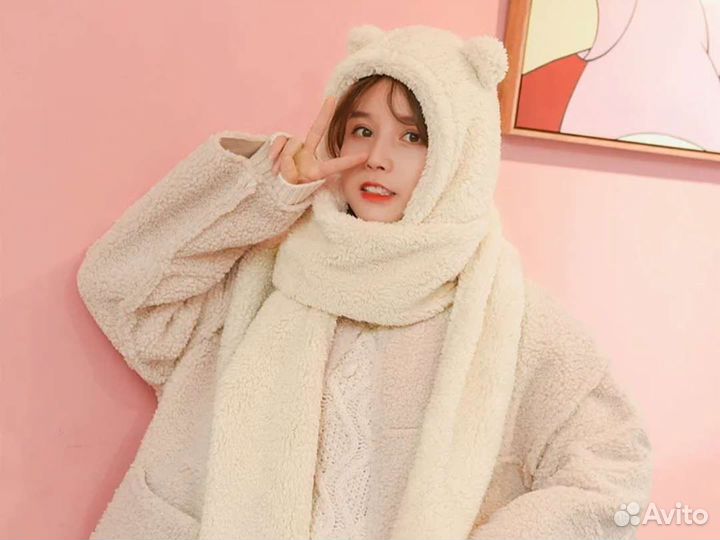 Шапка с ушками детская плюшевая новая варежки