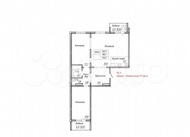 3-к. квартира, 93,3 м², 1/16 эт.