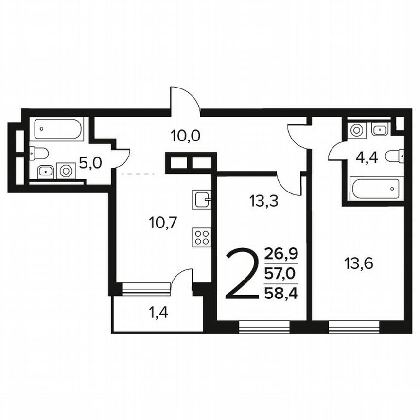 2-к. квартира, 58,4 м², 2/11 эт.