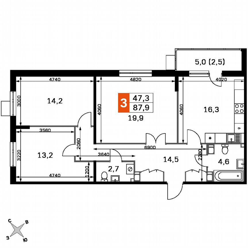 3-к. квартира, 85,4 м², 7/22 эт.