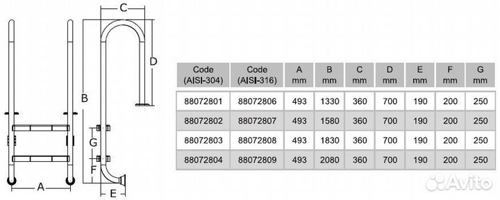 Лестница Emaux Muro (MU/NMU) 3 ст., aisi-304