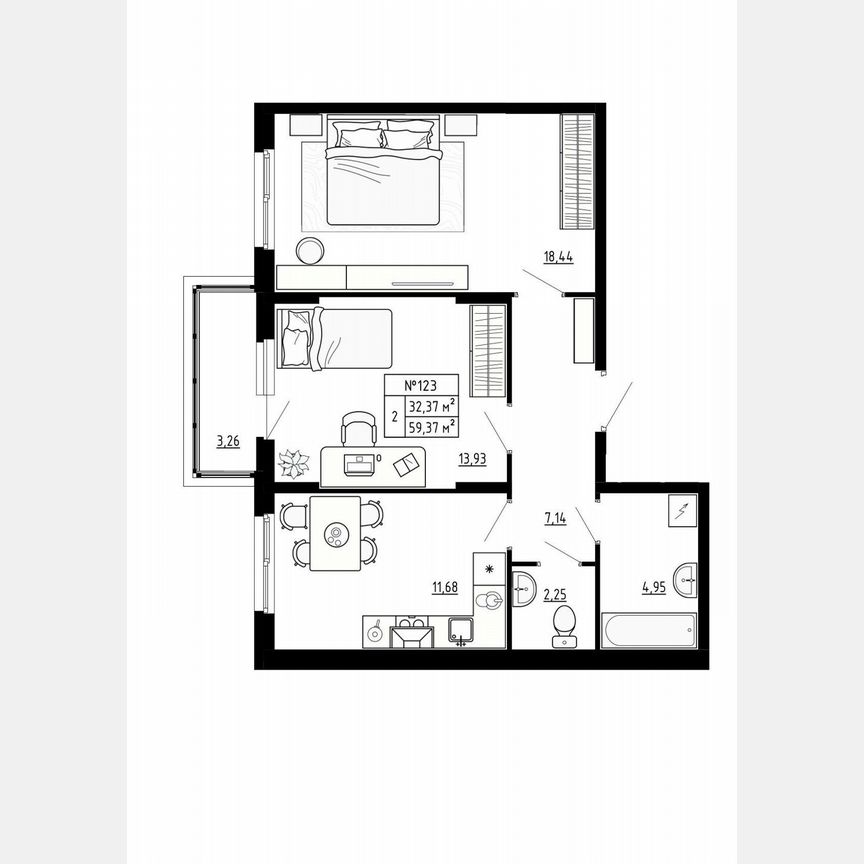 2-к. квартира, 59,4 м², 2/4 эт.