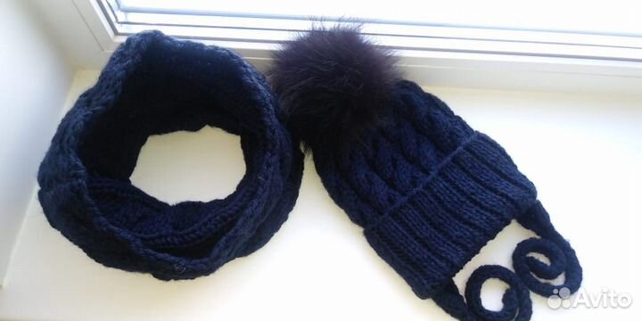 Вязаная шапка с помпоном, снуд, шарф. Меринос