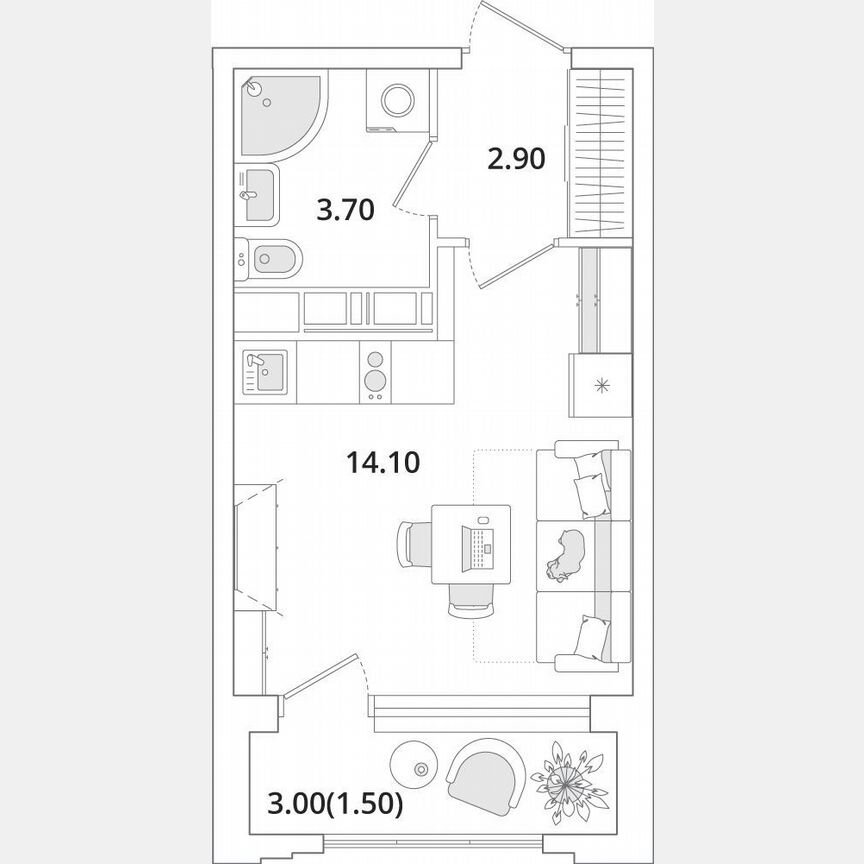 Квартира-студия, 22,2 м², 9/13 эт.