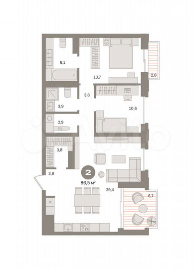 2-к. квартира, 86,5 м², 18/27 эт.