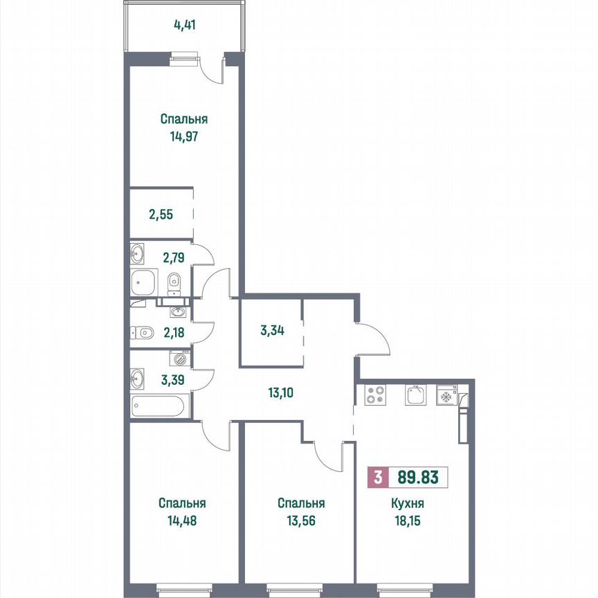 3-к. квартира, 89,8 м², 5/16 эт.