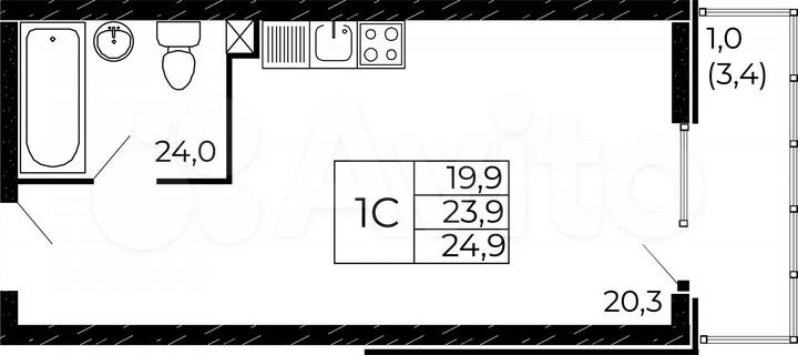 Квартира-студия, 24,9 м², 13/19 эт.