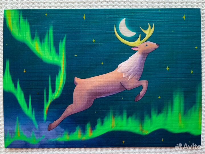 Почтовая открытка с оленем и северным сиянием