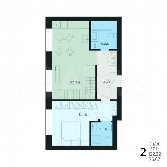 2-к. квартира, 122,3 м², 6/6 эт.