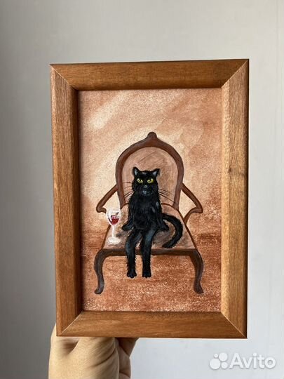 Картина кот с вином на кресле 10х15 картон