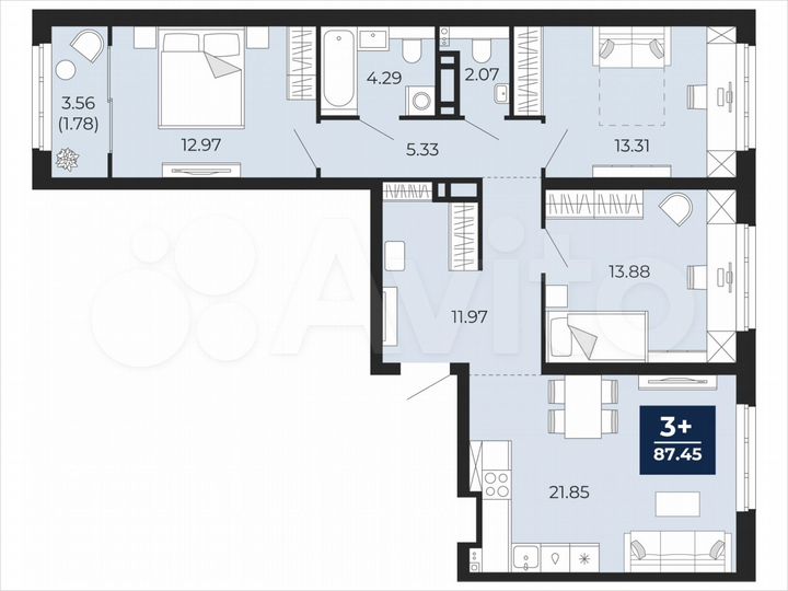 3-к. квартира, 87,5 м², 9/21 эт.