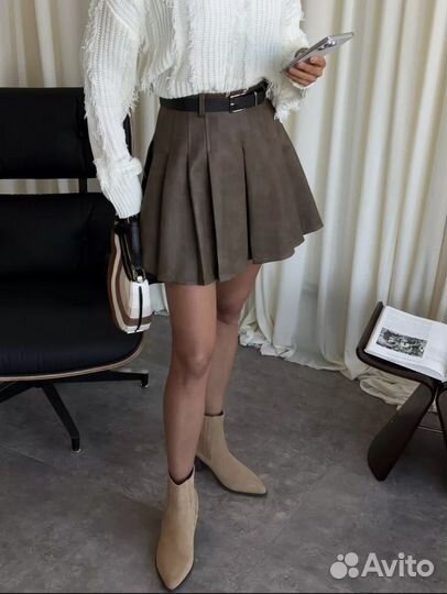 Коричневая кожаная юбка-шорты размер 42-44