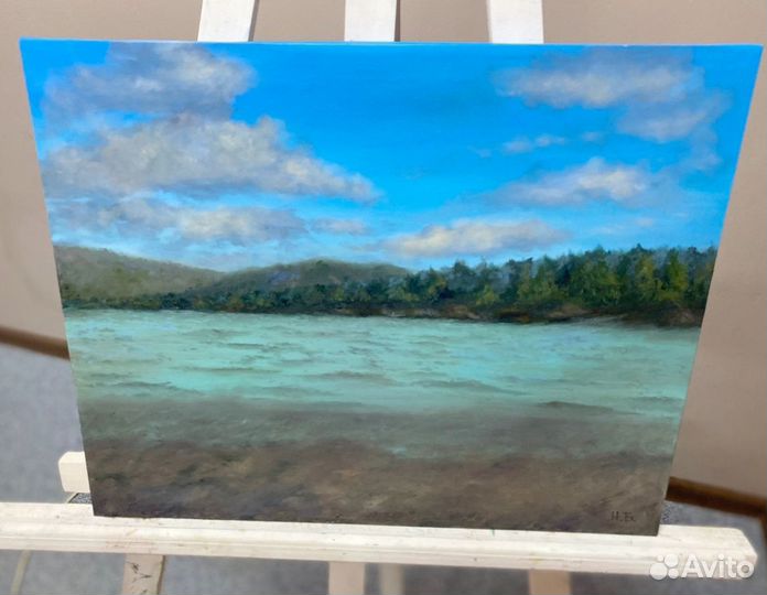 Картина маслом пейзаж на холсте 50х40см Горная рек