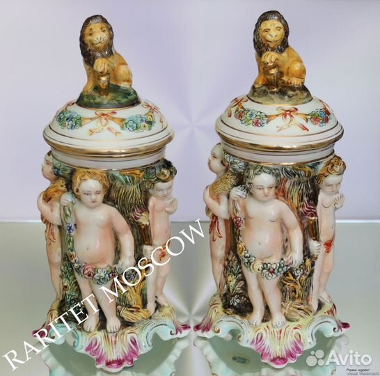 Редкость Ваза бисквитница лев Каподимонте золото 3