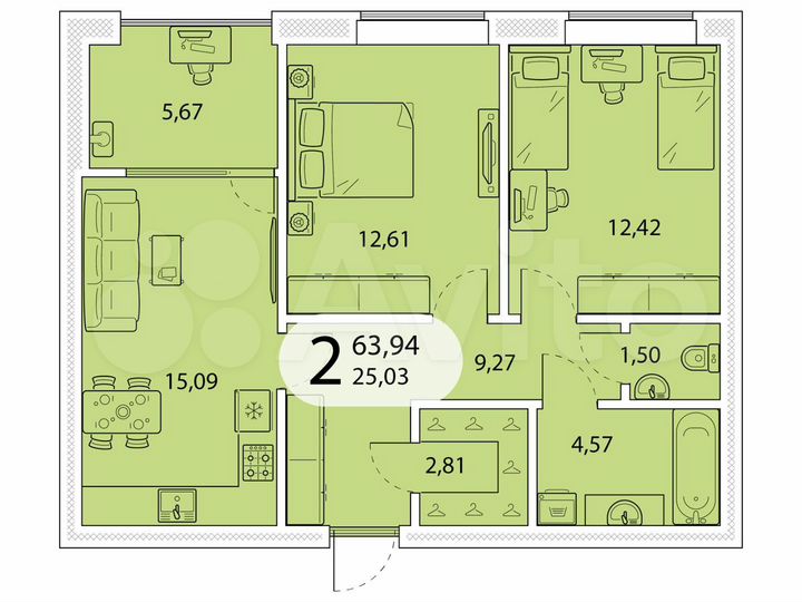 2-к. квартира, 63,9 м², 2/5 эт.