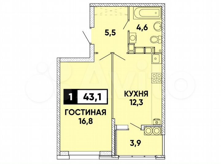 1-к. квартира, 43 м², 13/24 эт.