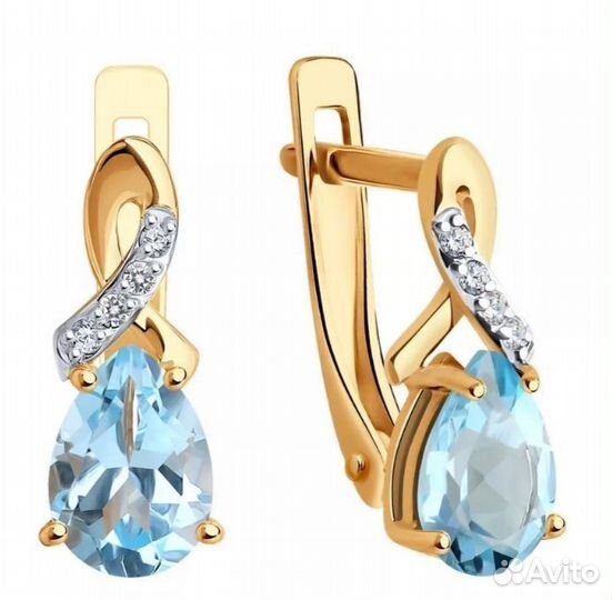 Серьги 585 пробы с вставкой фианит,голубой топаз