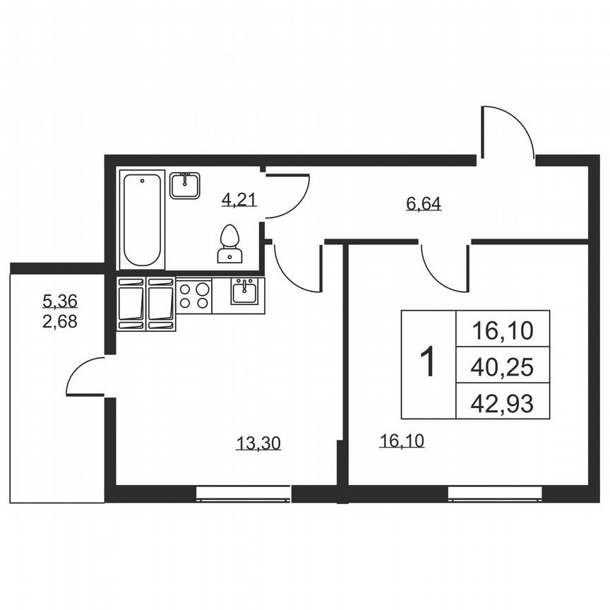 1-к. квартира, 42,9 м², 16/19 эт.