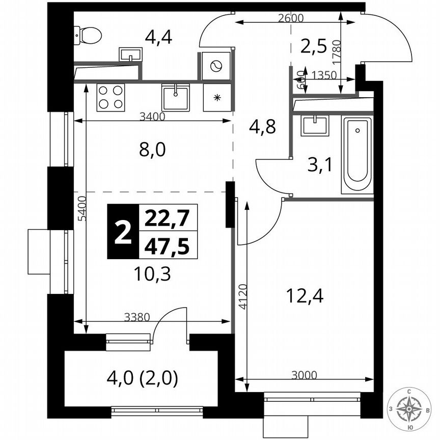 2-к. квартира, 47,5 м², 18/25 эт.
