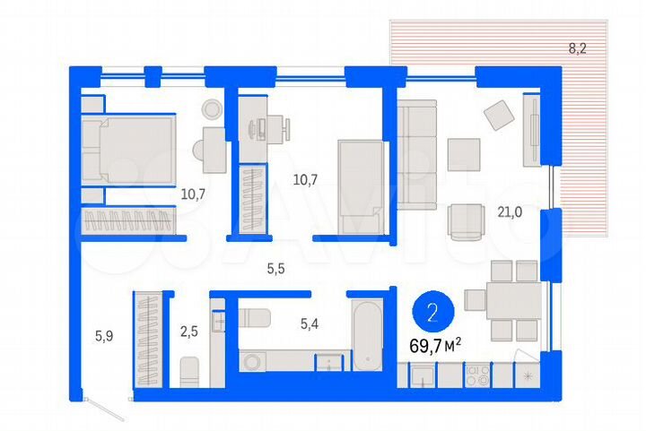 2-к. квартира, 69,7 м², 5/17 эт.