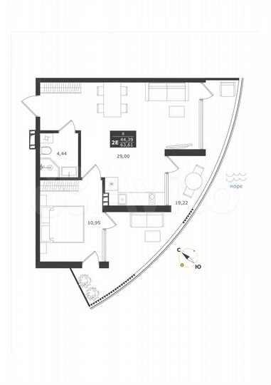 2-к. апартаменты, 63,6 м², 2/11 эт.